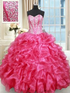 Ruffled Ball Gowns Vestidos de Quinceanera Hot Pink Sweetheart Organza Sleeveless Floor Length Lace Up