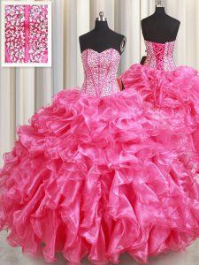 Hot Pink Lace Up Quinceanera Gowns Beading and Ruffles Sleeveless Floor Length