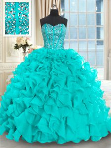 Aqua Blue Quinceanera Dress Military Ball and Sweet 16 and Quinceanera and For with Beading and Ruffles Sweetheart Sleeveless Brush Train Lace Up