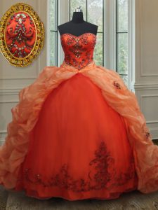 Clearance With Train Lace Up Ball Gown Prom Dress Orange Red for Military Ball and Sweet 16 and Quinceanera with Beading and Embroidery and Pick Ups Brush Train