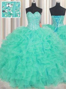 Sleeveless Floor Length Beading and Ruffles Lace Up Quinceanera Dress with Turquoise