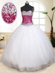 White Ball Gowns Tulle Sweetheart Sleeveless Beading Floor Length Lace Up Quince Ball Gowns