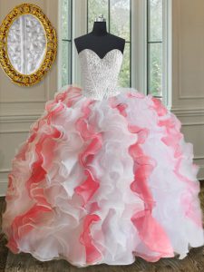 Gorgeous Pink And White Organza Lace Up Sweet 16 Dresses Sleeveless Floor Length Beading and Ruffles