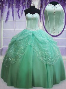 Affordable Sweetheart Sleeveless Sweet 16 Quinceanera Dress Floor Length Beading and Sequins Apple Green Tulle