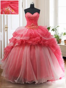 White And Red Sweetheart Lace Up Beading and Ruffled Layers Quinceanera Gown Brush Train Sleeveless
