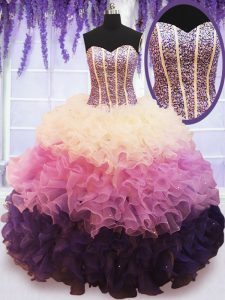 Fantastic Sleeveless Organza Floor Length Lace Up Vestidos de Quinceanera in Multi-color with Beading and Ruffled Layers