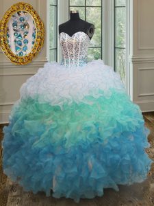 High End Sleeveless Organza Floor Length Lace Up Quinceanera Dress in Multi-color with Beading and Ruffles