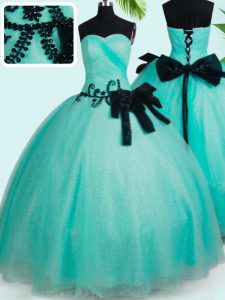 Turquoise Lace Up Sweetheart Beading and Bowknot Quinceanera Gowns Tulle Sleeveless