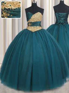 Exceptional Sweetheart Sleeveless 15th Birthday Dress Floor Length Beading Teal Tulle