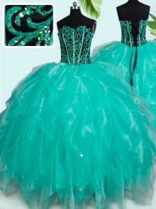 Turquoise Sleeveless Organza Lace Up Quinceanera Gowns for Military Ball and Sweet 16 and Quinceanera