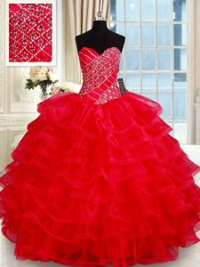 Vintage Ruffled Floor Length Red 15 Quinceanera Dress Sweetheart Sleeveless Lace Up