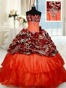 Custom Fit Orange Red Lace Up Sweetheart Beading Sweet 16 Quinceanera Dress Organza Sleeveless Brush Train
