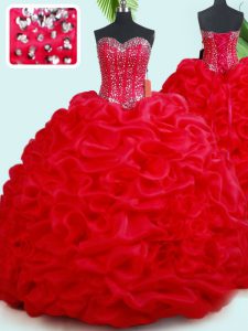 Red Sleeveless Court Train Beading and Pick Ups Ball Gown Prom Dress