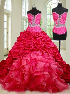 High Quality See Through Sleeveless With Train Beading and Ruffles and Pick Ups Lace Up Sweet 16 Quinceanera Dress with Coral Red Chapel Train