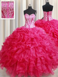 Customized Hot Pink Lace Up Sweetheart Beading and Ruffles 15th Birthday Dress Organza Sleeveless