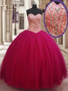 Unique Sweetheart Sleeveless Lace Up Sweet 16 Dress Fuchsia Tulle