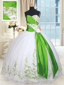Fabulous Sweetheart Sleeveless Sweet 16 Quinceanera Dress Floor Length Embroidery and Belt and Hand Made Flower White and Green Organza