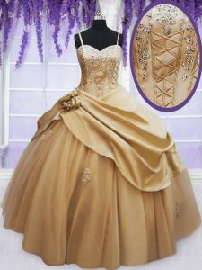 Best Beading and Appliques and Hand Made Flower Quinceanera Gown Champagne Lace Up Sleeveless Floor Length