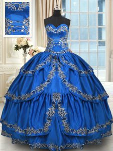 Low Price Floor Length Lace Up 15 Quinceanera Dress Blue for Military Ball and Sweet 16 and Quinceanera with Beading and Embroidery and Ruffled Layers