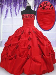 Sleeveless Floor Length Appliques and Pick Ups Lace Up 15th Birthday Dress with Red