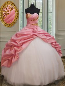 Custom Design Sleeveless Taffeta and Tulle Floor Length Lace Up Ball Gown Prom Dress in Pink And White with Beading and Pick Ups and Hand Made Flower