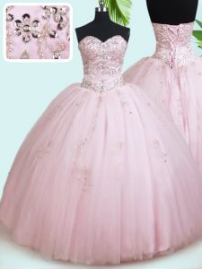 Sleeveless Floor Length Beading Lace Up Sweet 16 Dresses with Baby Pink