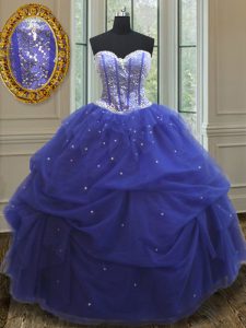 Floor Length Lace Up 15 Quinceanera Dress Blue for Military Ball and Sweet 16 and Quinceanera with Beading and Sequins