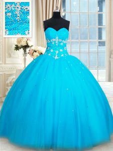 Baby Blue Tulle Lace Up Quinceanera Gown Sleeveless Floor Length Beading