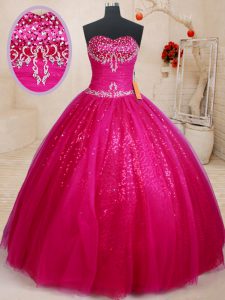 Cheap Fuchsia Tulle Lace Up Sweetheart Sleeveless Floor Length Sweet 16 Quinceanera Dress Beading and Sequins