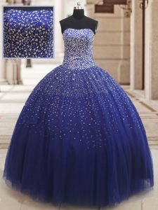 Custom Fit Royal Blue Ball Gowns Sweetheart Sleeveless Tulle Floor Length Lace Up Beading Ball Gown Prom Dress