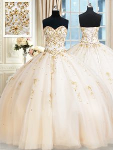 Sweet Champagne Tulle Lace Up Quinceanera Gown Sleeveless Floor Length Beading