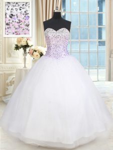Sleeveless Floor Length Beading Lace Up Sweet 16 Dresses with White