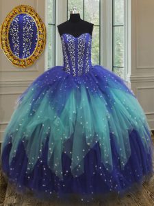 Royal Blue and Aqua Blue Sleeveless Tulle Lace Up Quinceanera Dresses for Military Ball and Sweet 16 and Quinceanera