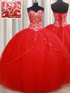 Red Sweetheart Lace Up Beading and Appliques Quinceanera Dress Sleeveless