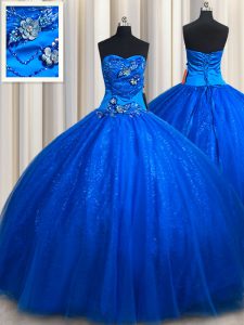 Shining Royal Blue Tulle Lace Up Ball Gown Prom Dress Sleeveless Floor Length Beading and Appliques