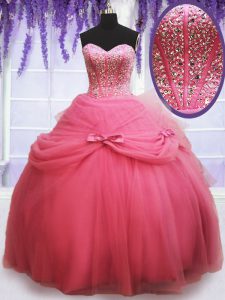 Fancy Floor Length Watermelon Red Quinceanera Gowns Sweetheart Sleeveless Lace Up