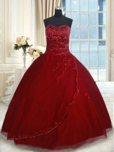 Exceptional Sweetheart Sleeveless Tulle Ball Gown Prom Dress Beading and Appliques Lace Up