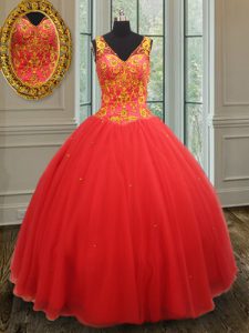 Rust Red Zipper V-neck Beading and Appliques 15th Birthday Dress Organza Sleeveless