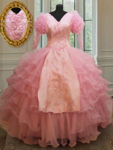 Baby Pink Ball Gowns Beading and Embroidery and Ruffled Layers 15 Quinceanera Dress Zipper Organza Half Sleeves Floor Length
