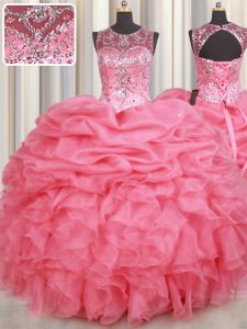 Scoop Watermelon Red Organza Lace Up Vestidos de Quinceanera Sleeveless Floor Length Beading and Ruffles and Pick Ups