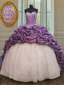 Pick Ups With Train Ball Gowns Sleeveless White And Purple Vestidos de Quinceanera Court Train Lace Up