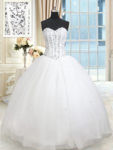 Inexpensive White Ball Gowns Tulle Sweetheart Sleeveless Beading and Ruffled Layers and Sequins Floor Length Lace Up Quinceanera Dress