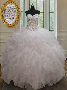 Traditional White Ball Gowns Organza Sweetheart Sleeveless Beading and Ruffles Floor Length Lace Up 15 Quinceanera Dress