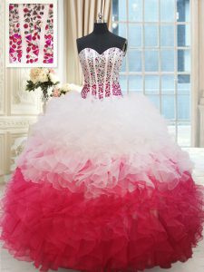 Dazzling White and Red Organza Lace Up Quinceanera Dress Sleeveless Floor Length Beading and Ruffles