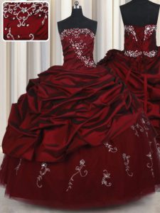 Sleeveless Taffeta and Tulle Floor Length Lace Up 15th Birthday Dress in Wine Red with Beading and Pick Ups