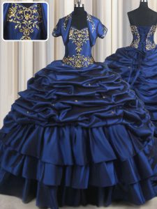 Modest Navy Blue Taffeta Lace Up Sweetheart Sleeveless With Train Quinceanera Dresses Court Train Embroidery and Pick Ups
