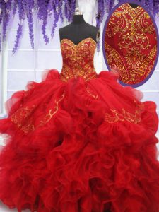 Sweetheart Sleeveless Brush Train Lace Up Sweet 16 Dress Red Organza and Taffeta