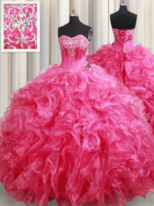 Sleeveless Organza With Brush Train Lace Up Sweet 16 Dress in Hot Pink with Beading and Ruffles