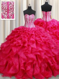 On Sale Sweetheart Sleeveless Organza Quinceanera Gowns Beading and Ruffles Brush Train Lace Up