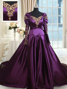 Off the Shoulder Dark Purple Taffeta Zipper Sweet 16 Dresses Long Sleeves With Train Chapel Train Beading and Embroidery